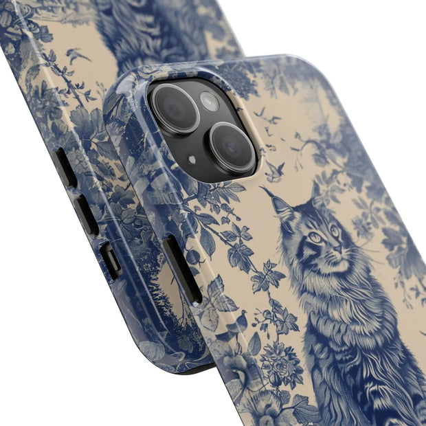 Maine Coon Toile Tough Phone Case – Vintage Blue Floral Cat Pattern - LavenderCeleste