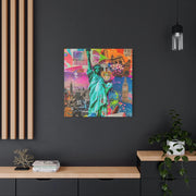 Vibrant New York Collage Matte Canvas – Statue of Liberty Pop Art LavenderCeleste