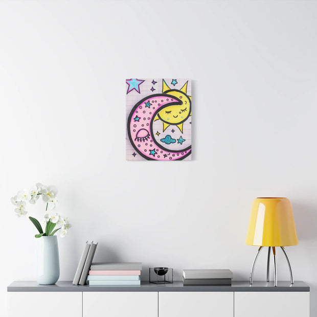 Kawaii Sun and Moon Doodle Matte Canvas Art Print LavenderCeleste