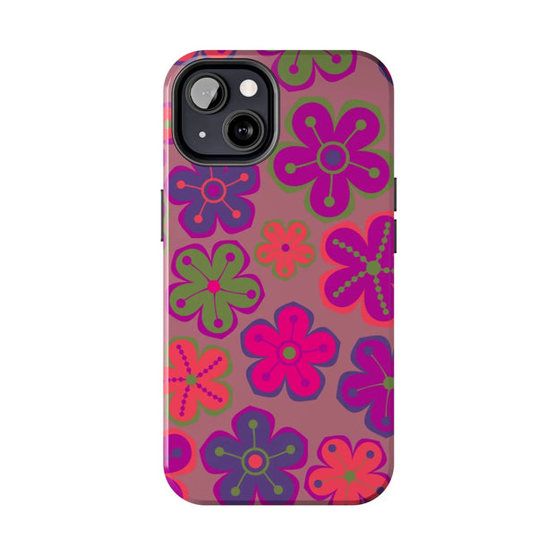 Retro Neon Groovy Flowers Tough Phone Case – 70s Psychedelic Floral Pattern LavenderCeleste