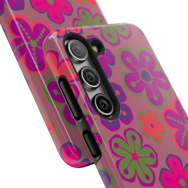 Retro Neon Groovy Flowers Tough Phone Case – 70s Psychedelic Floral Pattern LavenderCeleste