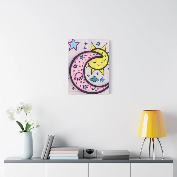 Kawaii Sun and Moon Doodle Matte Canvas Art Print LavenderCeleste