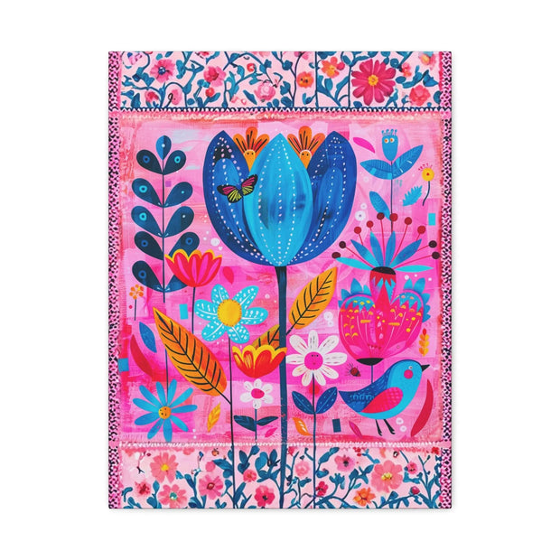 Whimsical Pink Blue Floral Matte Canvas Art - LavenderCeleste