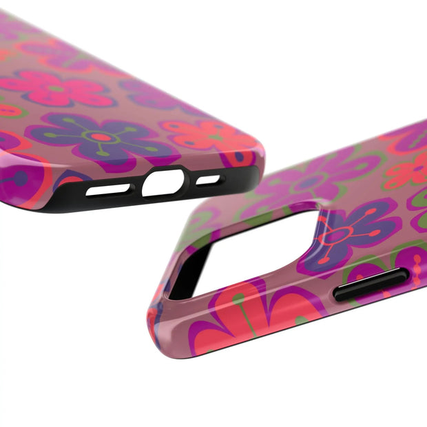 Retro Neon Groovy Flowers Tough Phone Case – 70s Psychedelic Floral Pattern LavenderCeleste