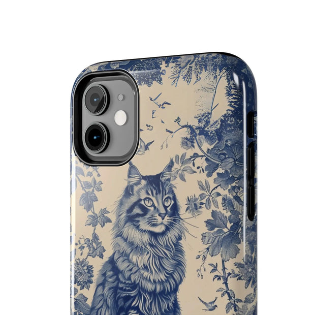 Maine Coon Toile Tough Phone Case – Vintage Blue Floral Cat Pattern - LavenderCeleste