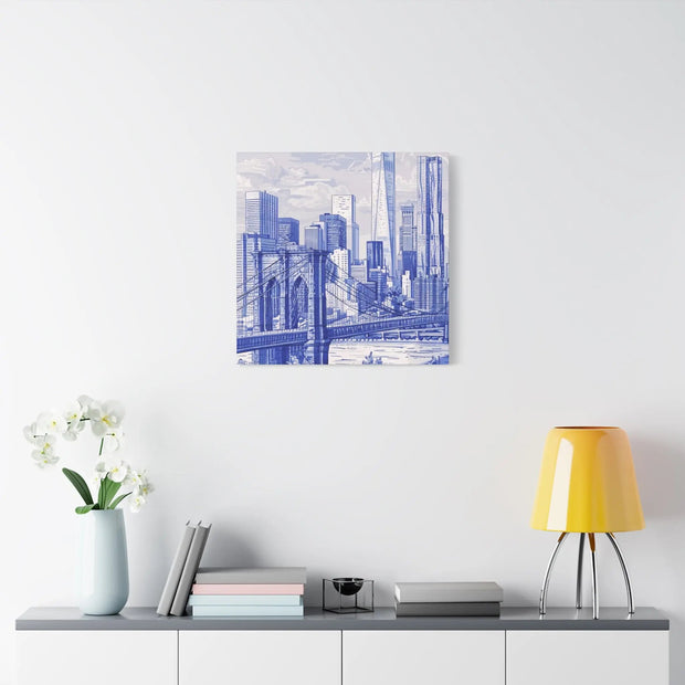 New York City Toile Art – Blue Scenic Skyline Matte Canvas LavenderCeleste