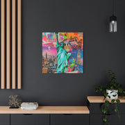 Vibrant New York Collage Matte Canvas – Statue of Liberty Pop Art LavenderCeleste