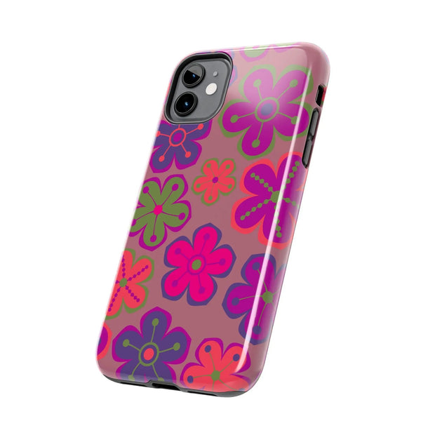 Retro Neon Groovy Flowers Tough Phone Case – 70s Psychedelic Floral Pattern LavenderCeleste
