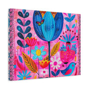 Whimsical Pink Blue Floral Matte Canvas Art - LavenderCeleste