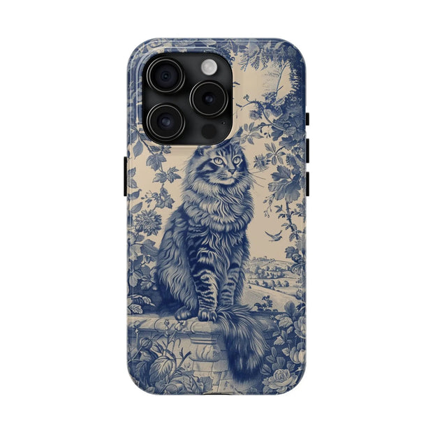 Maine Coon Toile Tough Phone Case – Vintage Blue Floral Cat Pattern - LavenderCeleste