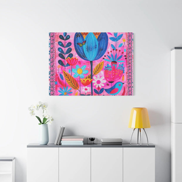 Whimsical Pink Blue Floral Matte Canvas Art - LavenderCeleste
