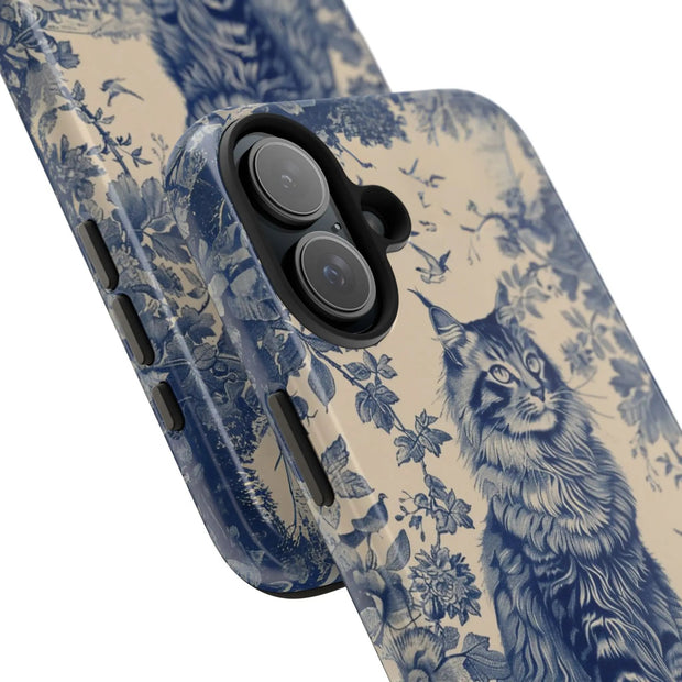 Maine Coon Toile Tough Phone Case – Vintage Blue Floral Cat Pattern - LavenderCeleste
