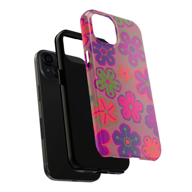 Retro Neon Groovy Flowers Tough Phone Case – 70s Psychedelic Floral Pattern LavenderCeleste