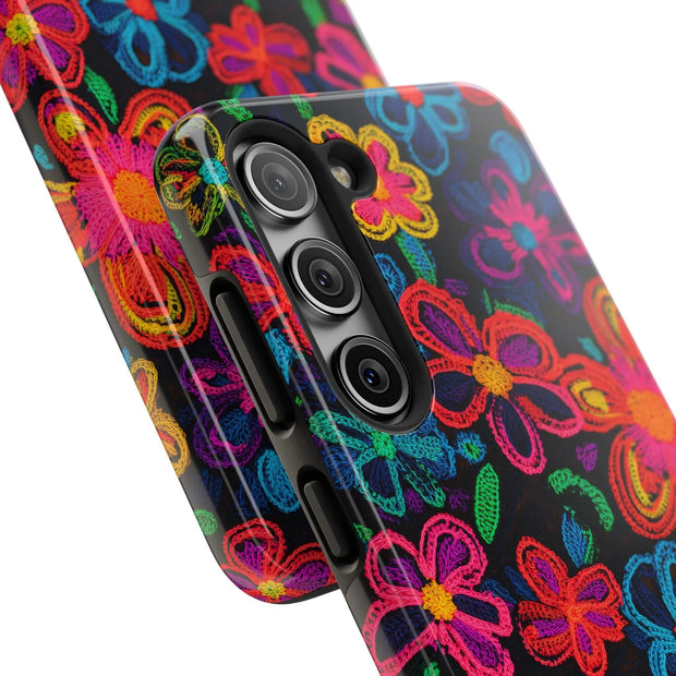Neon Crochet Floral Tough Phone Case – Vibrant Retro Handmade Pattern LavenderCeleste
