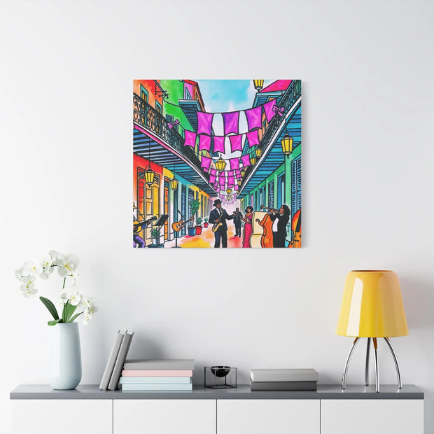 Vibrant New Orleans Jazz Street Matte Canvas – French Quarter Music Scene LavenderCeleste
