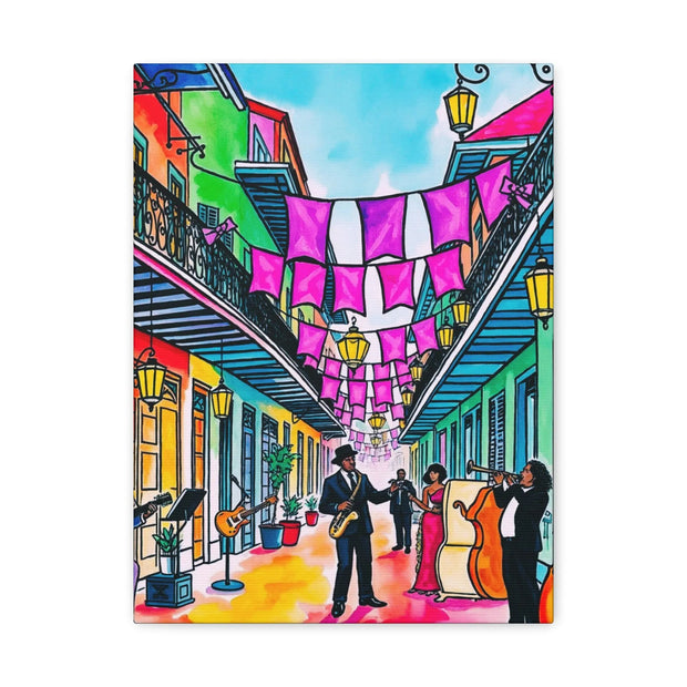 Vibrant New Orleans Jazz Street Matte Canvas – French Quarter Music Scene Printify