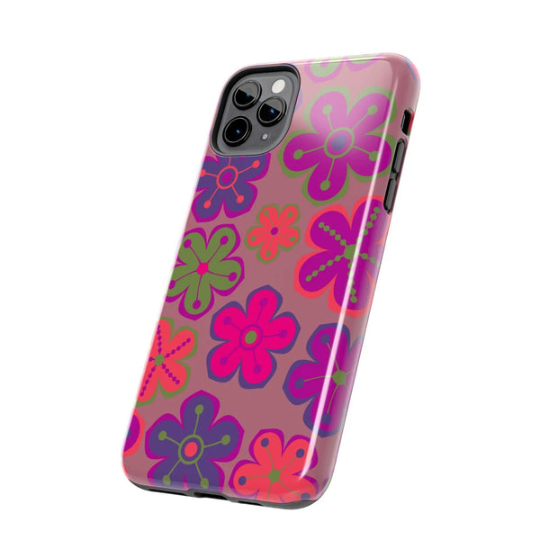 Retro Neon Groovy Flowers Tough Phone Case – 70s Psychedelic Floral Pattern LavenderCeleste