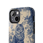 Maine Coon Toile Tough Phone Case – Vintage Blue Floral Cat Pattern - LavenderCeleste