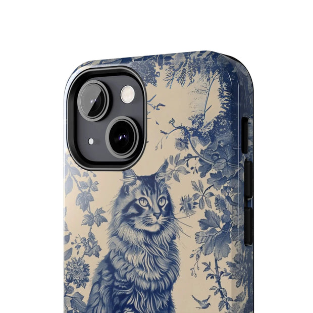 Maine Coon Toile Tough Phone Case – Vintage Blue Floral Cat Pattern - LavenderCeleste