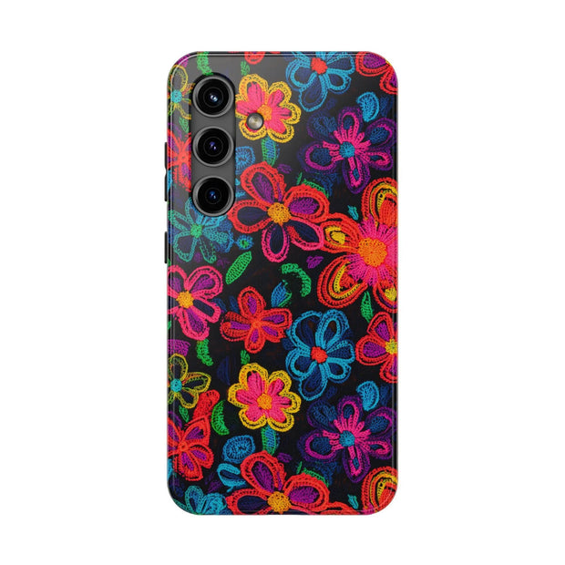Neon Crochet Floral Tough Phone Case – Vibrant Retro Handmade Pattern Printify