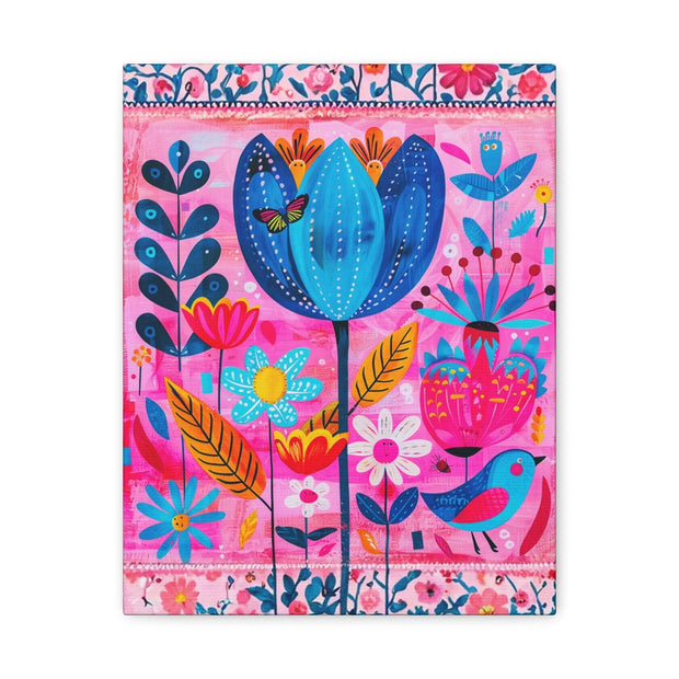 Whimsical Pink Blue Floral Matte Canvas Art - LavenderCeleste