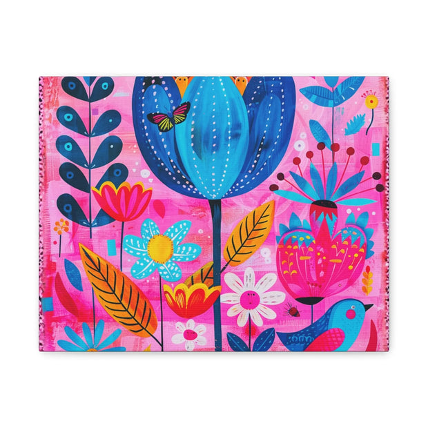 Whimsical Pink Blue Floral Matte Canvas Art - LavenderCeleste