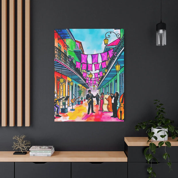 Vibrant New Orleans Jazz Street Matte Canvas – French Quarter Music Scene LavenderCeleste