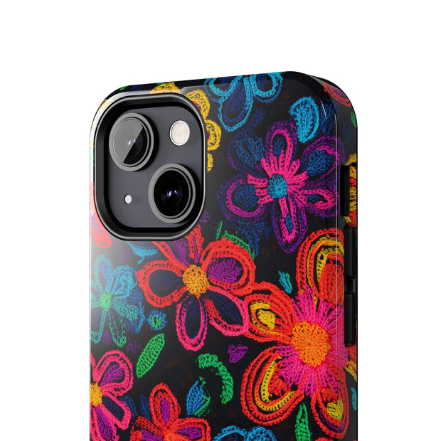Neon Crochet Floral Tough Phone Case – Vibrant Retro Handmade Pattern Printify