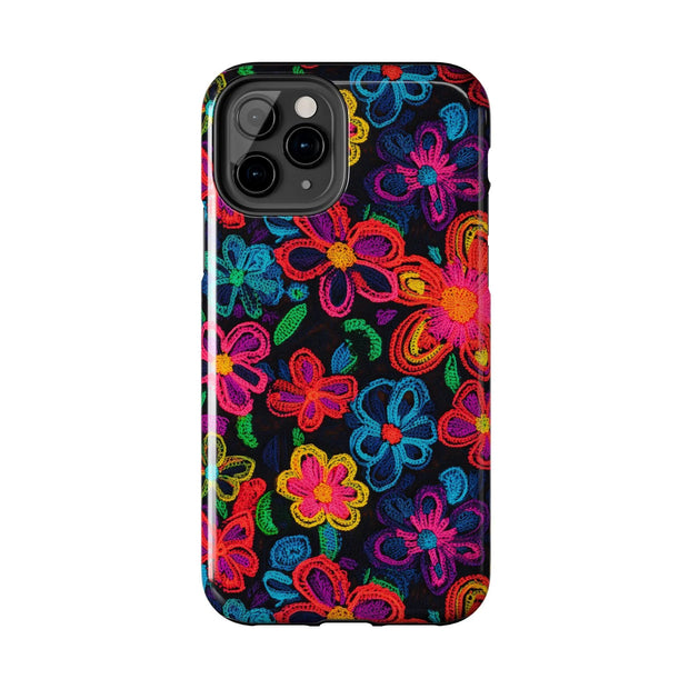 Neon Crochet Floral Tough Phone Case – Vibrant Retro Handmade Pattern Printify