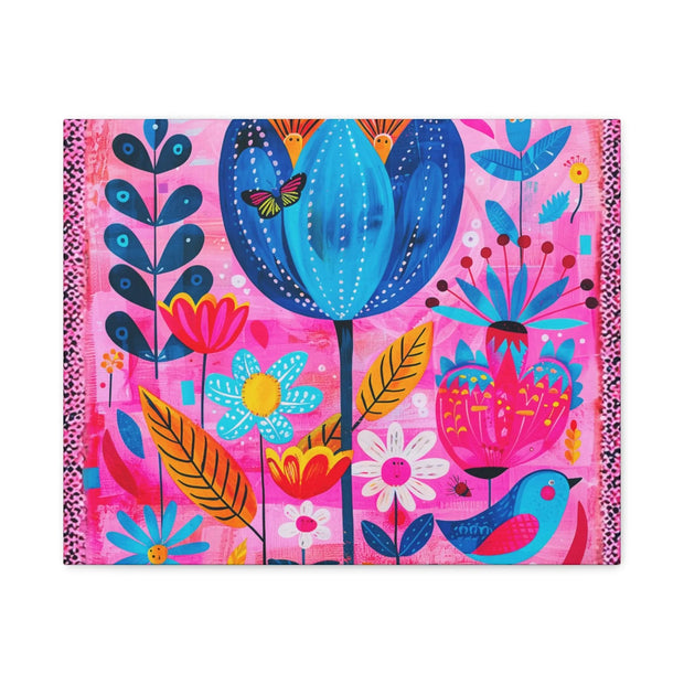 Whimsical Pink Blue Floral Matte Canvas Art - LavenderCeleste