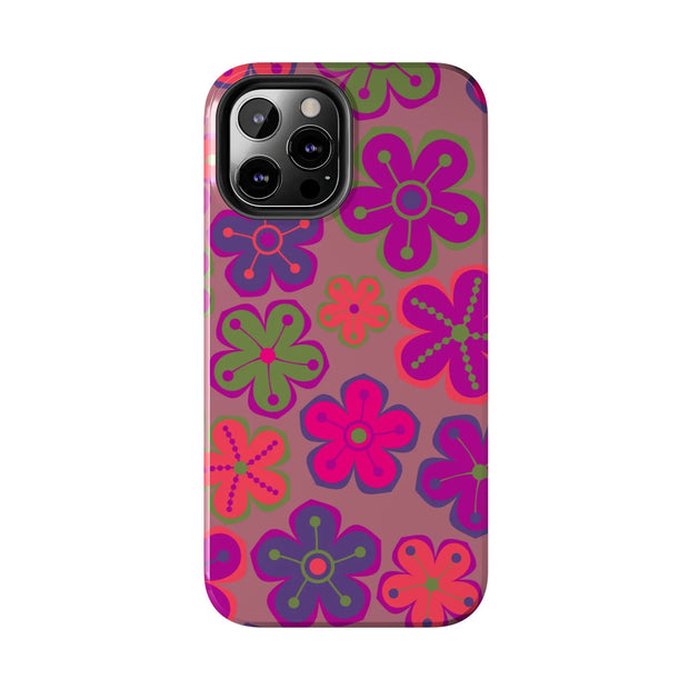 Retro Neon Groovy Flowers Tough Phone Case – 70s Psychedelic Floral Pattern LavenderCeleste
