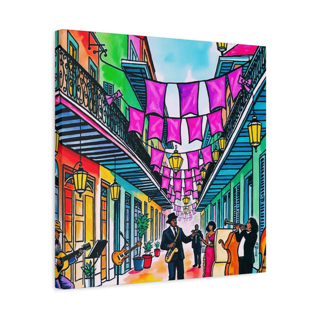 Vibrant New Orleans Jazz Street Matte Canvas – French Quarter Music Scene LavenderCeleste