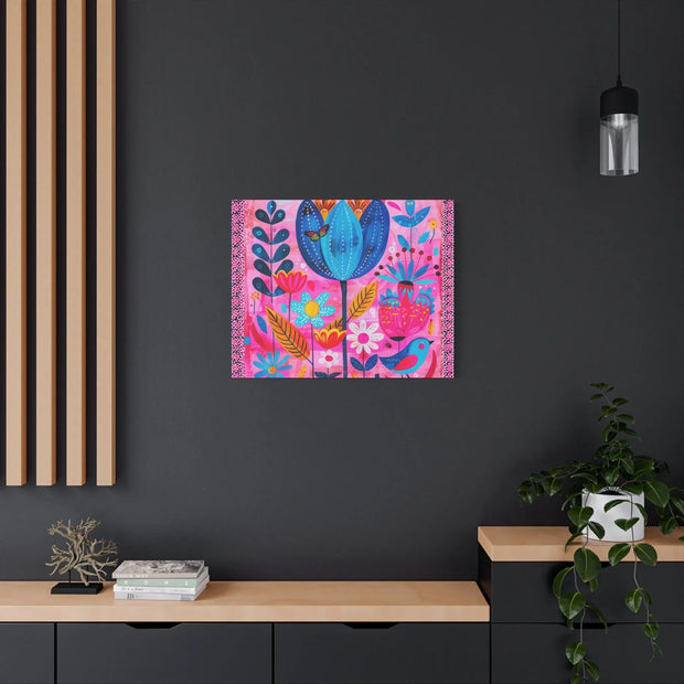 Whimsical Pink Blue Floral Matte Canvas Art - LavenderCeleste