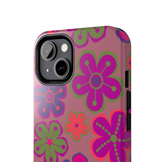 Retro Neon Groovy Flowers Tough Phone Case – 70s Psychedelic Floral Pattern LavenderCeleste