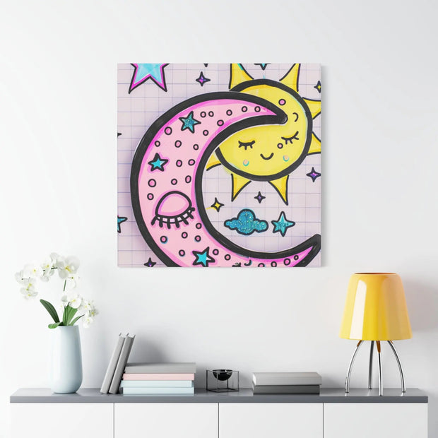 Kawaii Sun and Moon Doodle Matte Canvas Art Print LavenderCeleste