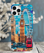 A vibrant London-themed phone case featuring Big Ben, the London Eye, and a red double-decker bus in a colorful collage style with bright blue and orange tones for a modern travel aesthetic.