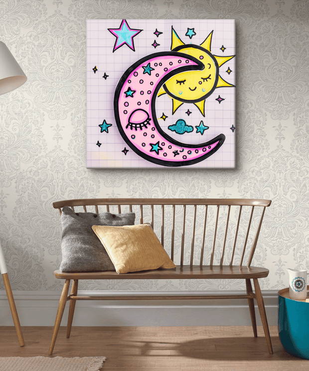 Canvas art featuring a pastel pink crescent moon hugging a smiling yellow sun surrounded by teal stars, clouds, and doodle-style accents. The playful celestial design adds a dreamy, whimsical touch perfect for cozy or boho-inspired interiors.