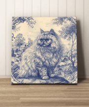 Blue and white toile-style canvas art featuring a regal Persian cat sitting against a pastoral countryside scene. The vintage-inspired design has intricate detailing and a classic French toile aesthetic, perfect for elegant, grandmillennial, or home decor.