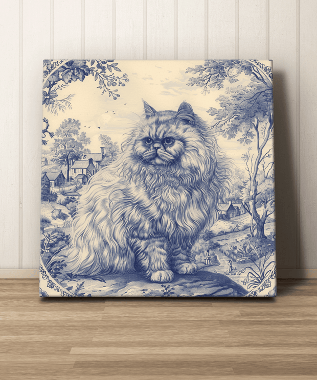 Blue and white toile-style canvas art featuring a regal Persian cat sitting against a pastoral countryside scene. The vintage-inspired design has intricate detailing and a classic French toile aesthetic, perfect for elegant, grandmillennial, or home decor.