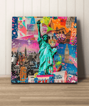 Vibrant pop art collage canvas featuring the Statue of Liberty surrounded by colorful New York City landmarks, graffiti textures, and neon splashes of pink, orange, and blue. A bold modern tribute to NYC’s energy and creativity.