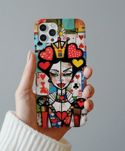 Vibrant phone case featuring a pop art interpretation of the Queen of Hearts with bold red, yellow, and black shapes, geometric lines, and colorful collage textures. A striking modern design perfect for art lovers and bold personalities.