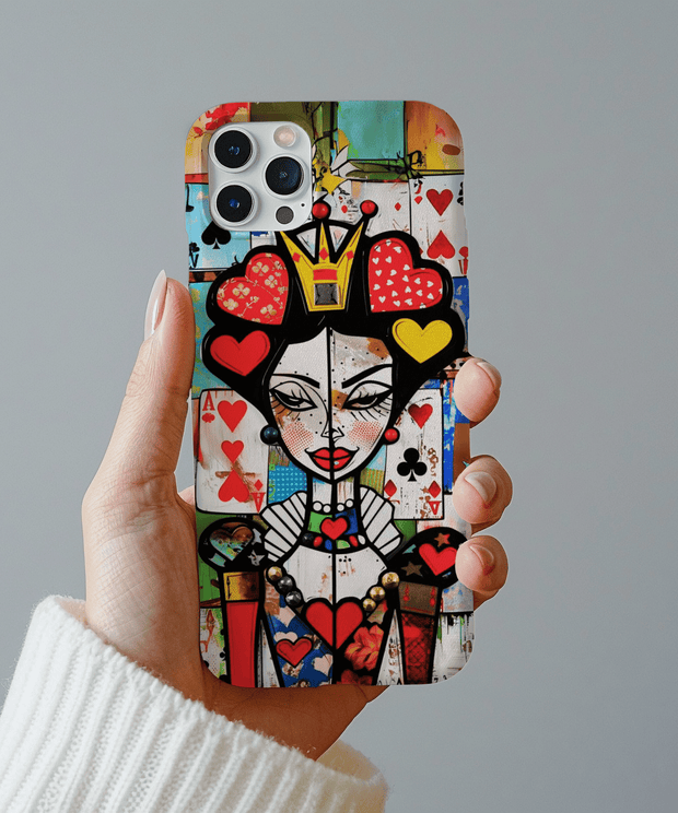 Vibrant phone case featuring a pop art interpretation of the Queen of Hearts with bold red, yellow, and black shapes, geometric lines, and colorful collage textures. A striking modern design perfect for art lovers and bold personalities.