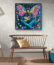 Colorful pop art canvas of a man with angel wings playing a guitar, surrounded by bright neon hearts on a dark background. The piece blends psychedelic and bohemian styles, evoking peace, love, and creativity — perfect for music lovers and retro art fans.