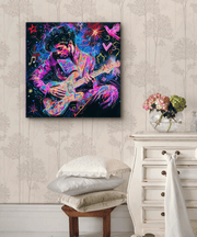 Vibrant neon pop art painting of a musician passionately playing an electric guitar surrounded by colorful stars, notes, and cosmic energy. The scene glows with psychedelic purples, pinks, and blues — a perfect statement piece for music fans and retro art lovers.