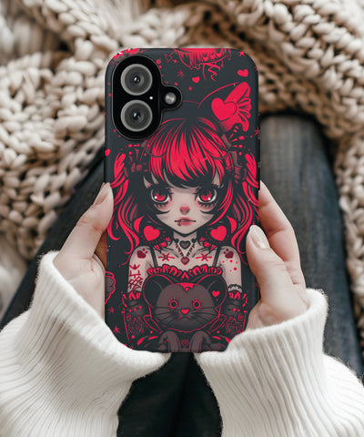 A striking phone case featuring a gothic anime-style girl with red and black hair, heart tattoos, and a stitched teddy bear surrounded by hearts, stars, and dark romantic details.
