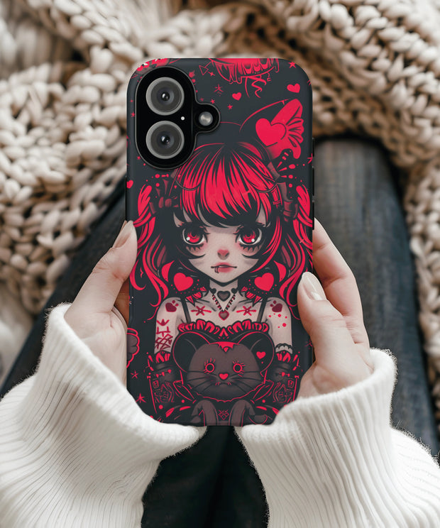 A striking phone case featuring a gothic anime-style girl with red and black hair, heart tattoos, and a stitched teddy bear surrounded by hearts, stars, and dark romantic details.