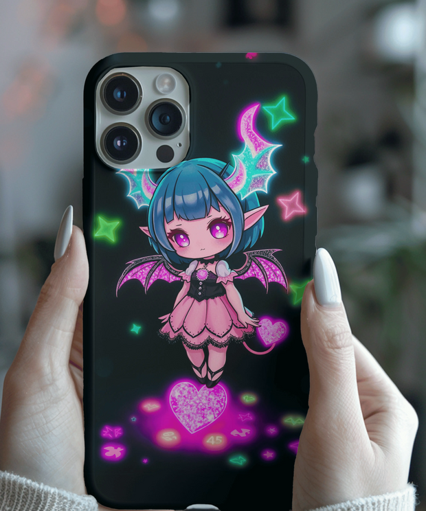 A cute pastel goth phone case featuring a chibi demon girl with teal hair, glittery pink wings, purple eyes, and glowing neon stars and hearts on a dark background.