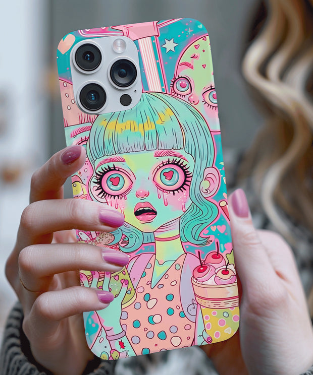 A kawaii horror diner anime girl phone case featuring a pastel-haired waitress with heart-shaped pupils, melting eyes, and neon desserts, blending cute and creepy diner-core energy in pink, teal, and yellow hues.