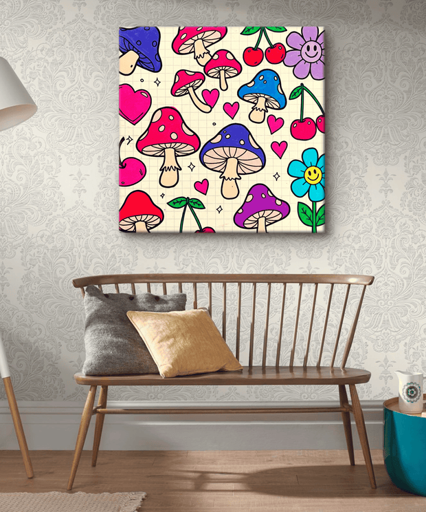 Whimsical canvas art featuring red, purple, and blue mushrooms surrounded by pink hearts, smiling flowers, and cherries. The bold doodle-style design adds a cheerful, retro pop aesthetic perfect for eclectic or playful decor spaces.