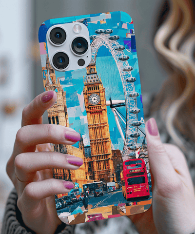 A vibrant London-themed phone case featuring Big Ben, the London Eye, and a red double-decker bus in a colorful collage style with bright blue and orange tones for a modern travel aesthetic.